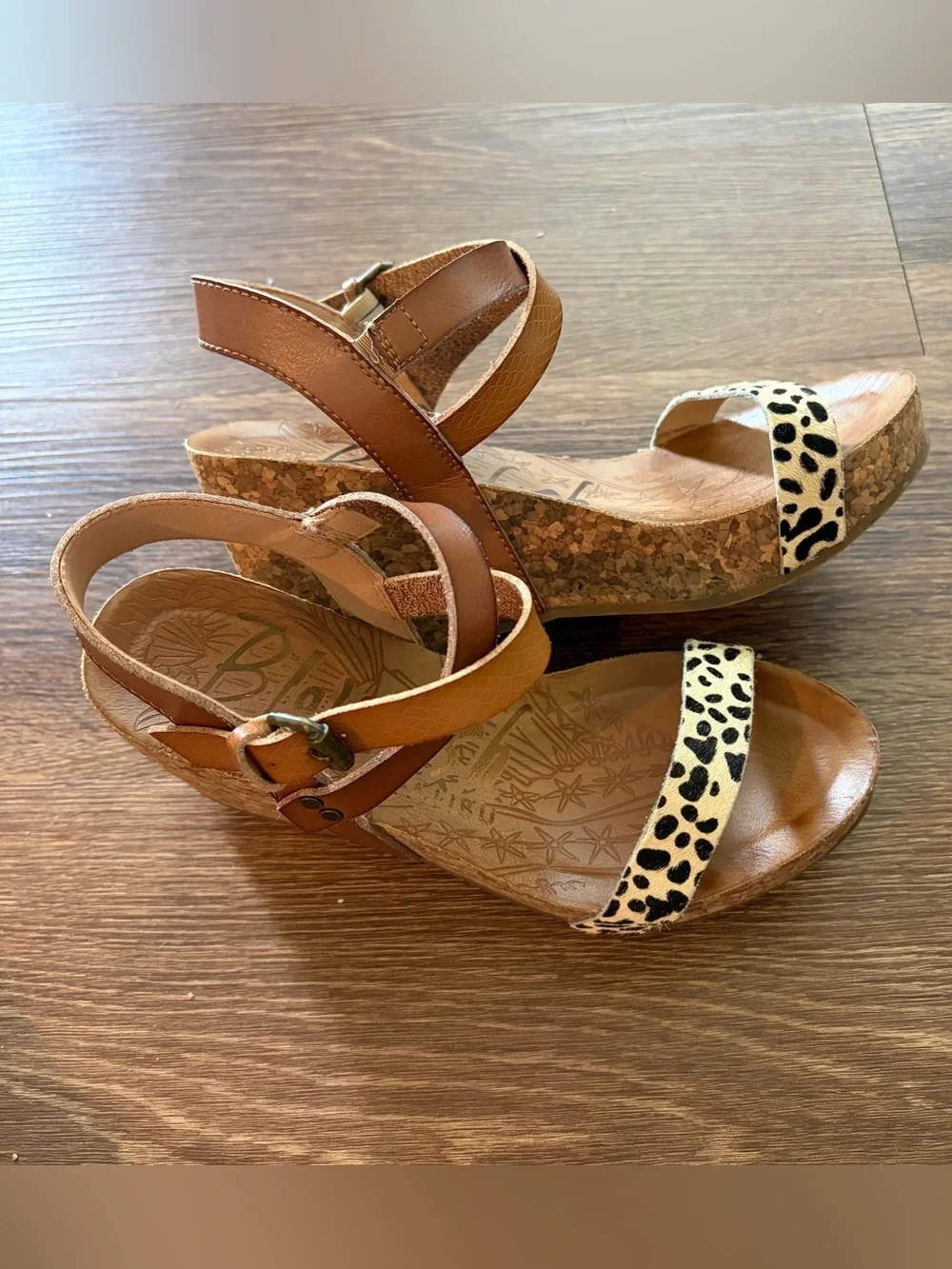 Bonefish- Tan Cork Wedge Sandals with Leopard-Print Strap Size 6.5